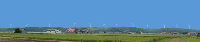当別風力発電 風車を合成した阿蘇岩山の写真